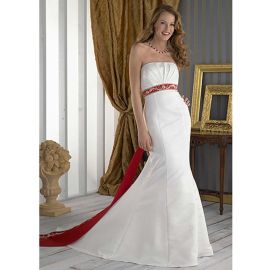 Nobile abito da sposa a sirena bianco rosso con cintura